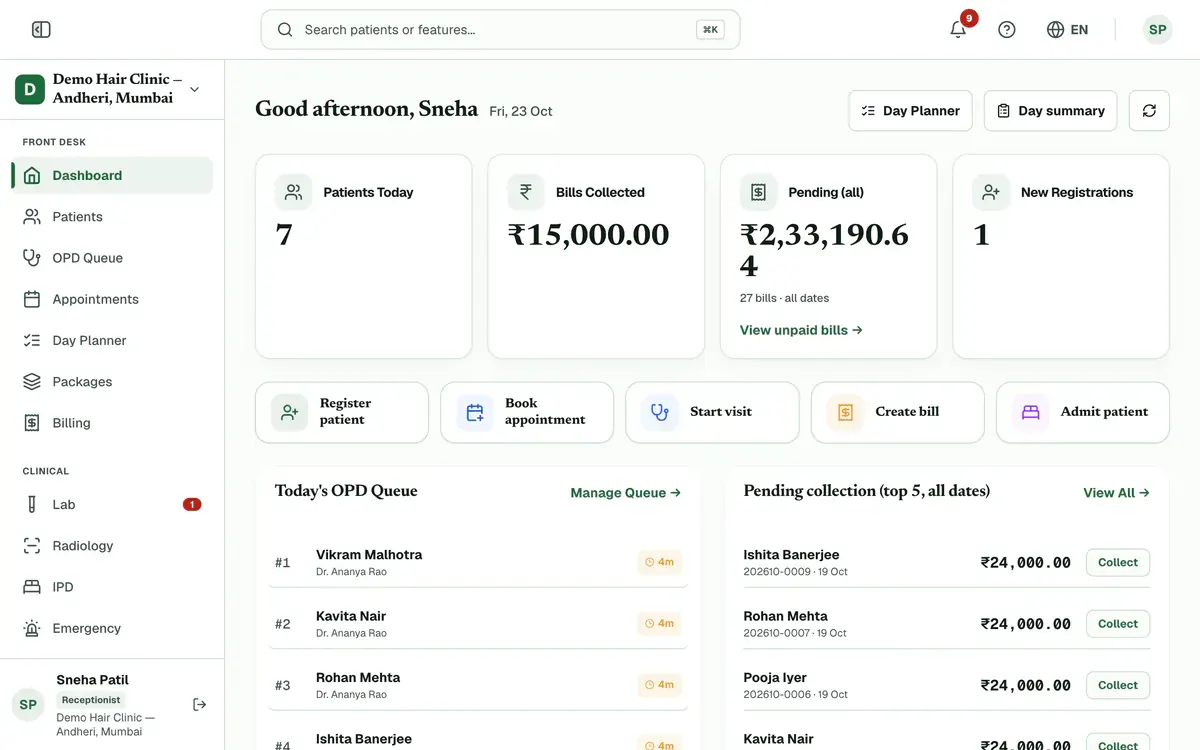 The dashboard with the left menu marked. It lists the pages your role can open.