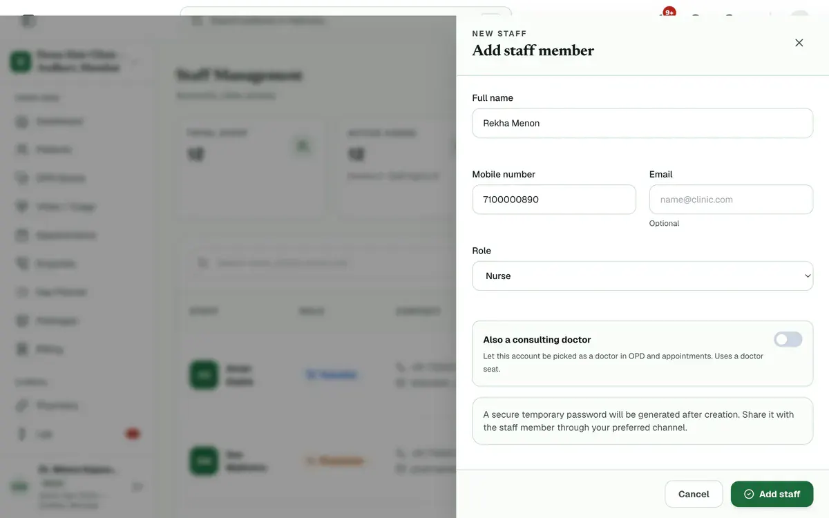 The Add staff member panel with a name, mobile number and the Nurse role filled in, above the Add staff button.