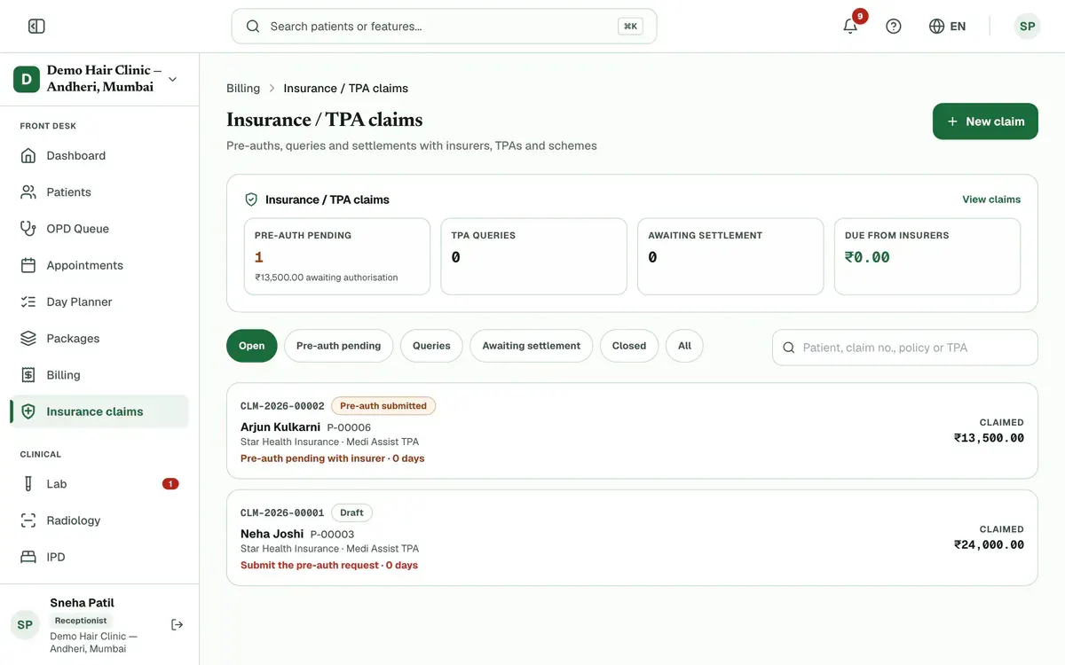 The Insurance / TPA claims page with four boxes at the top, the New claim button, the stage tabs and two claims listed.