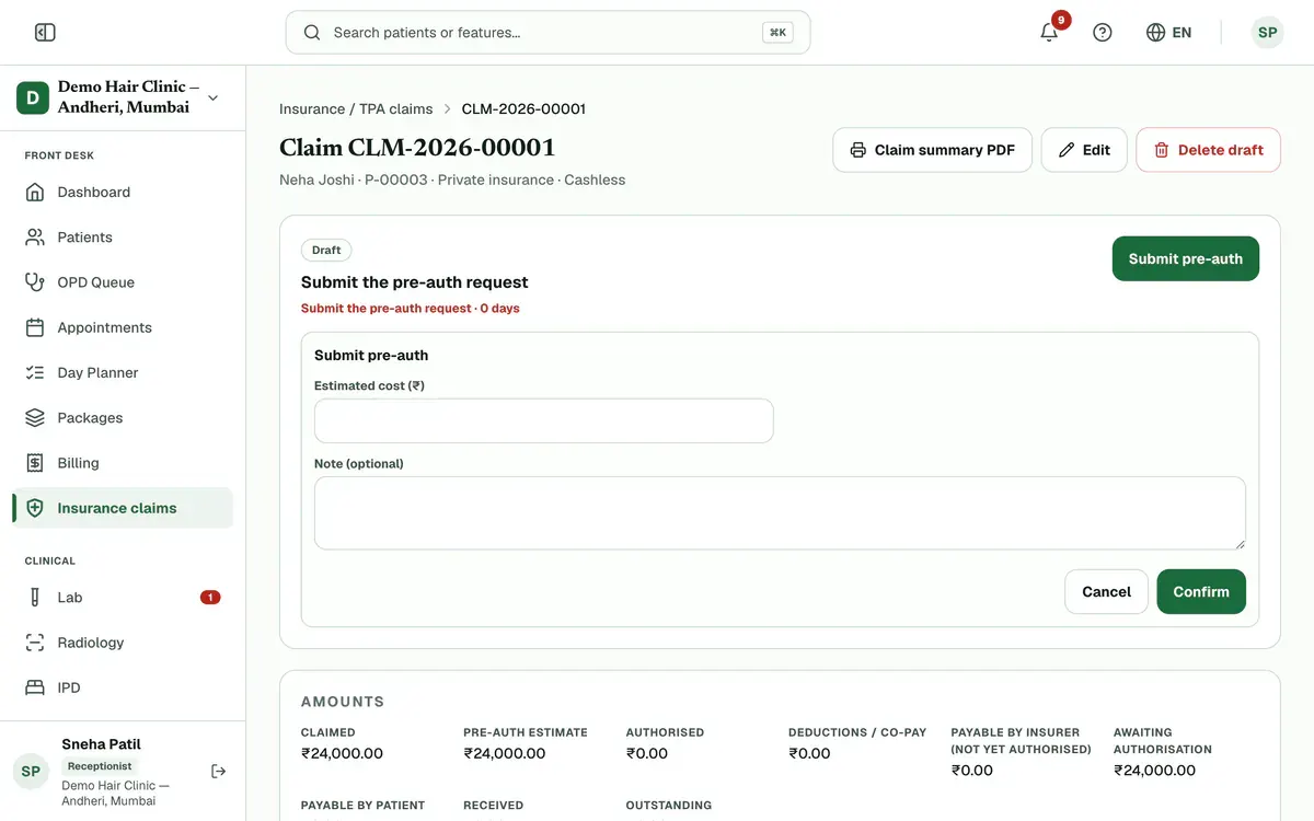 A draft claim with the Submit pre-auth form open, asking for the estimated cost and an optional note, with a Confirm button.