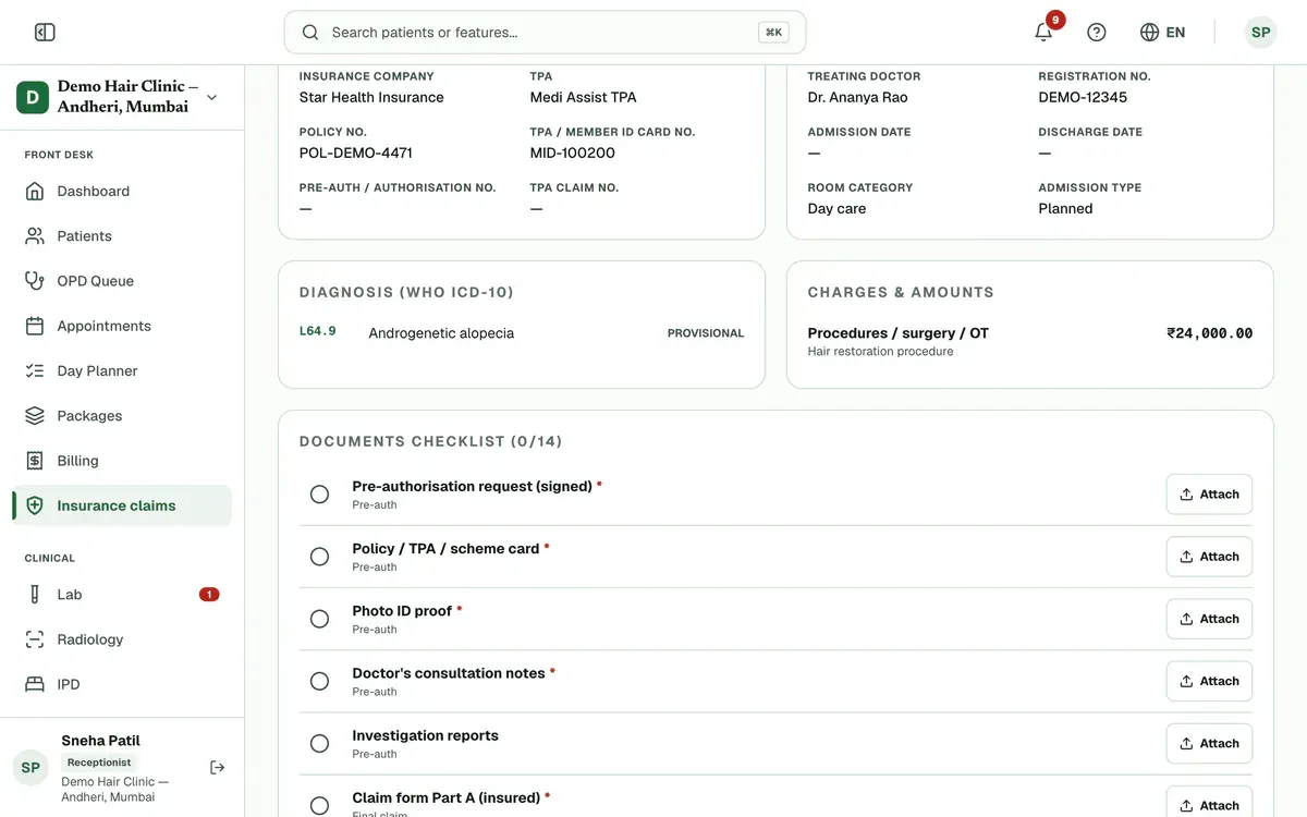 The Documents checklist on a claim, with a tick circle and an Attach button beside each paper.