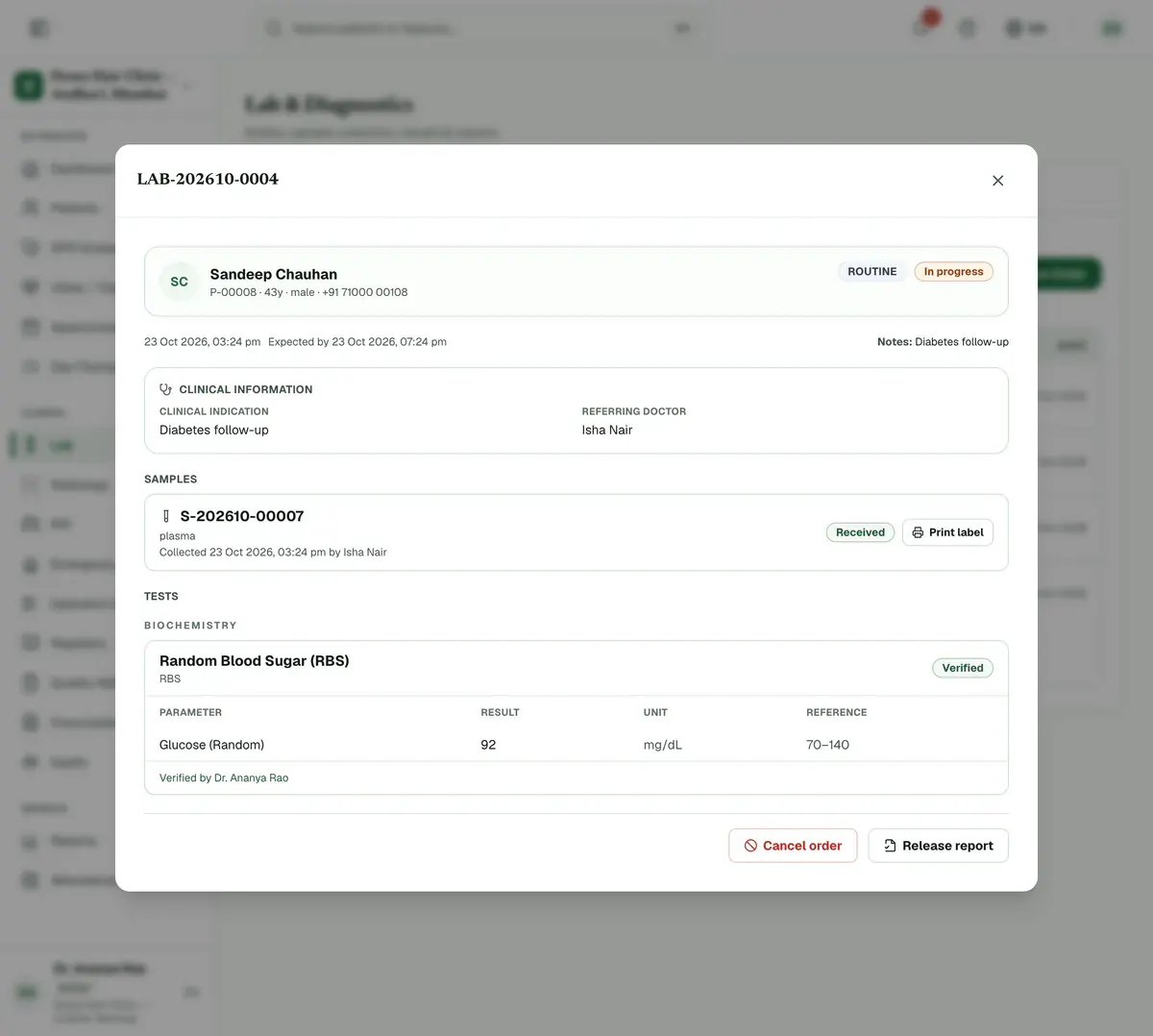 An order with every test verified, with the Release report button highlighted.