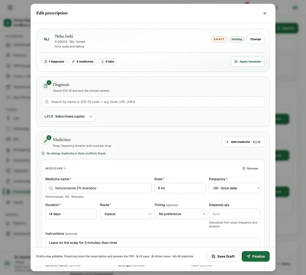 The prescription builder for a patient, with a diagnosis added, a medicine row with dose, frequency, duration and route, and the Add medicine, Save Draft and Finalize buttons.